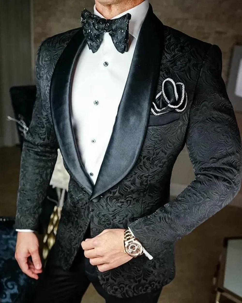 Men'S Grooming Daily - High Quality Black Jacquard Men's Suit