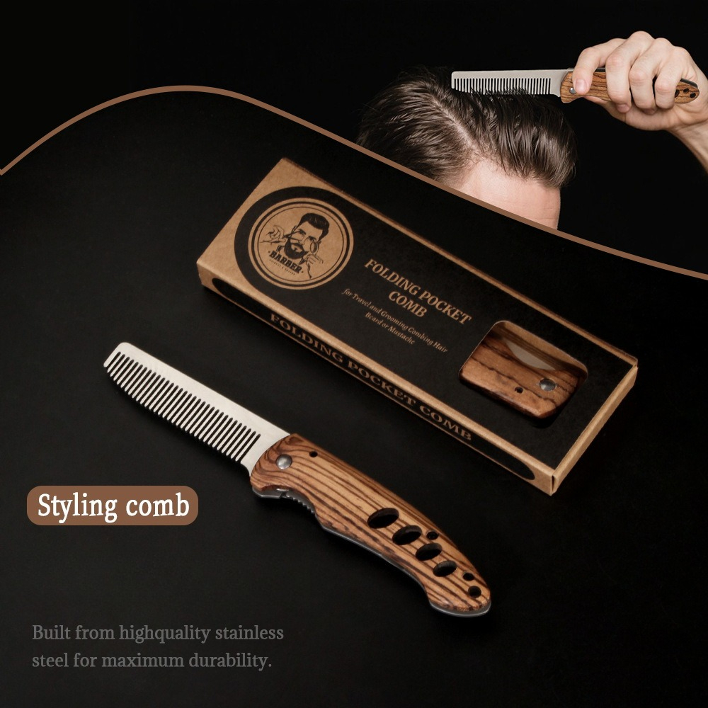 Mens Grooming Barber - Solid Wood & Metal Folding Beard